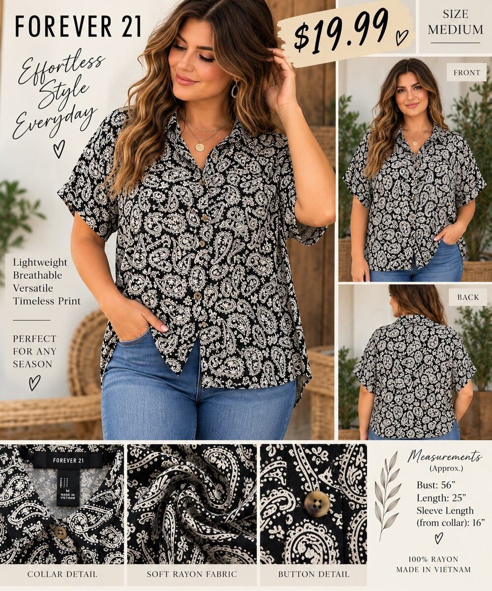 Forever 21 Women Black Cream Paisley Button Front Blouse Boho Short Sleeve Top M